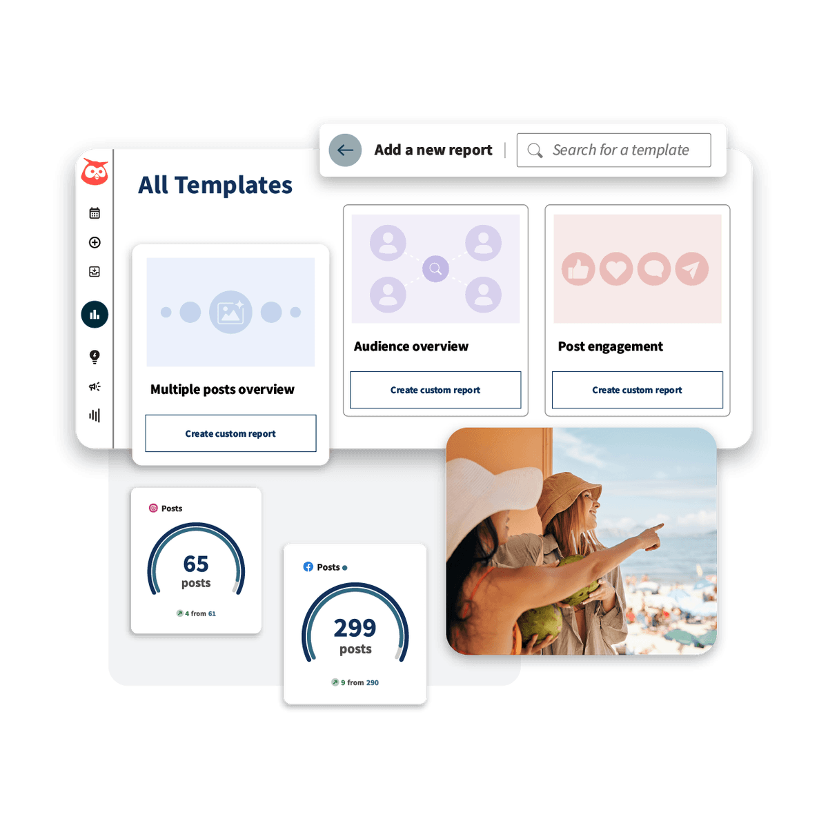 Social media analytics dashboard showing report templates, engagement metrics, and a beach photo with people pointing at scenery